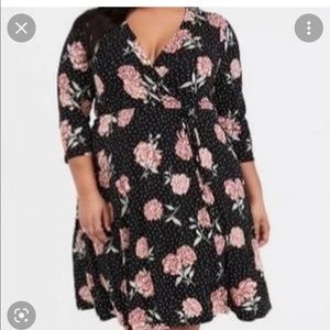 BLACK FLORAL JERSEY KNIT SKATER DRESS